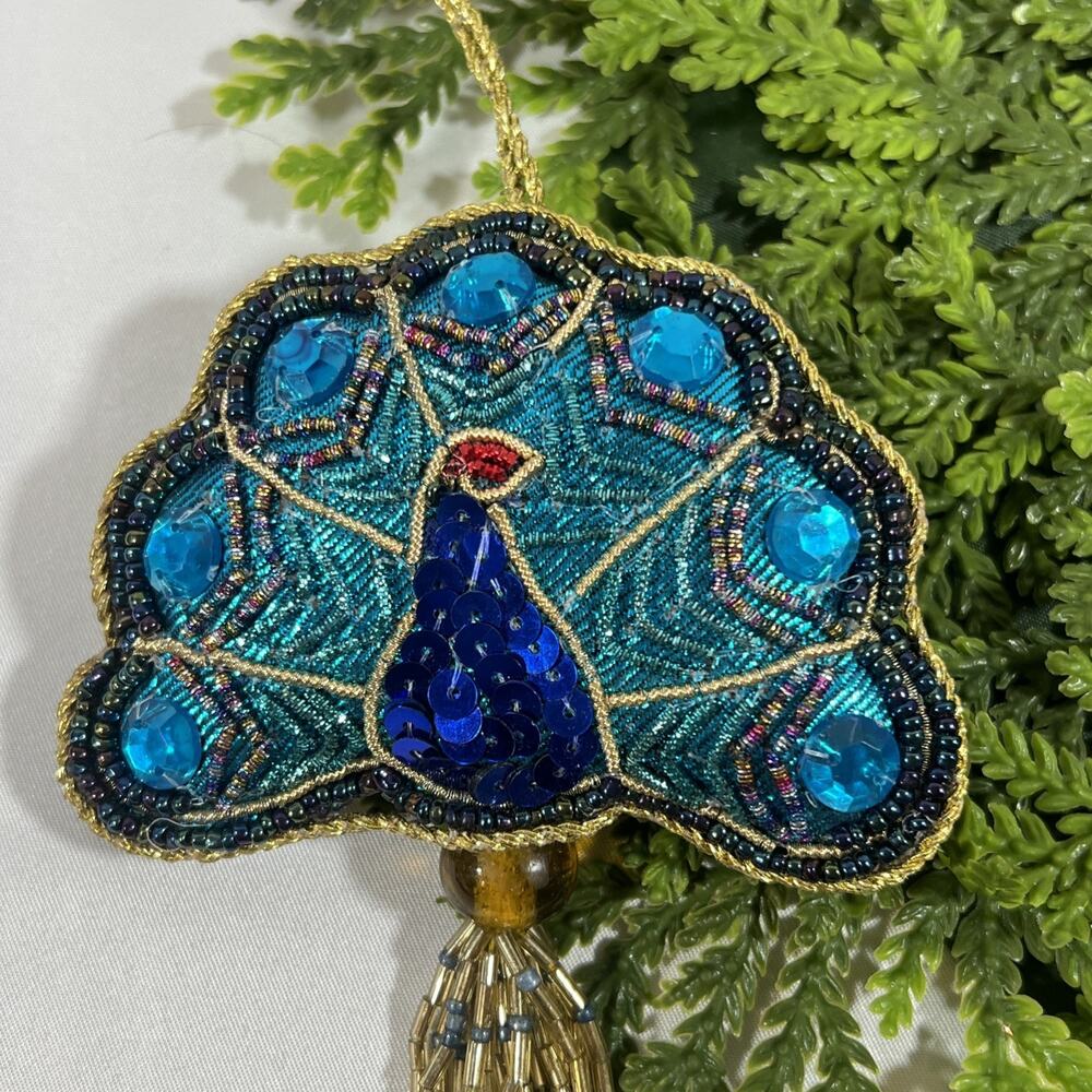 World Market Global Art Deco Beaded Sequin Peacock Christmas Ornament Hanging - Picture 2 of 8